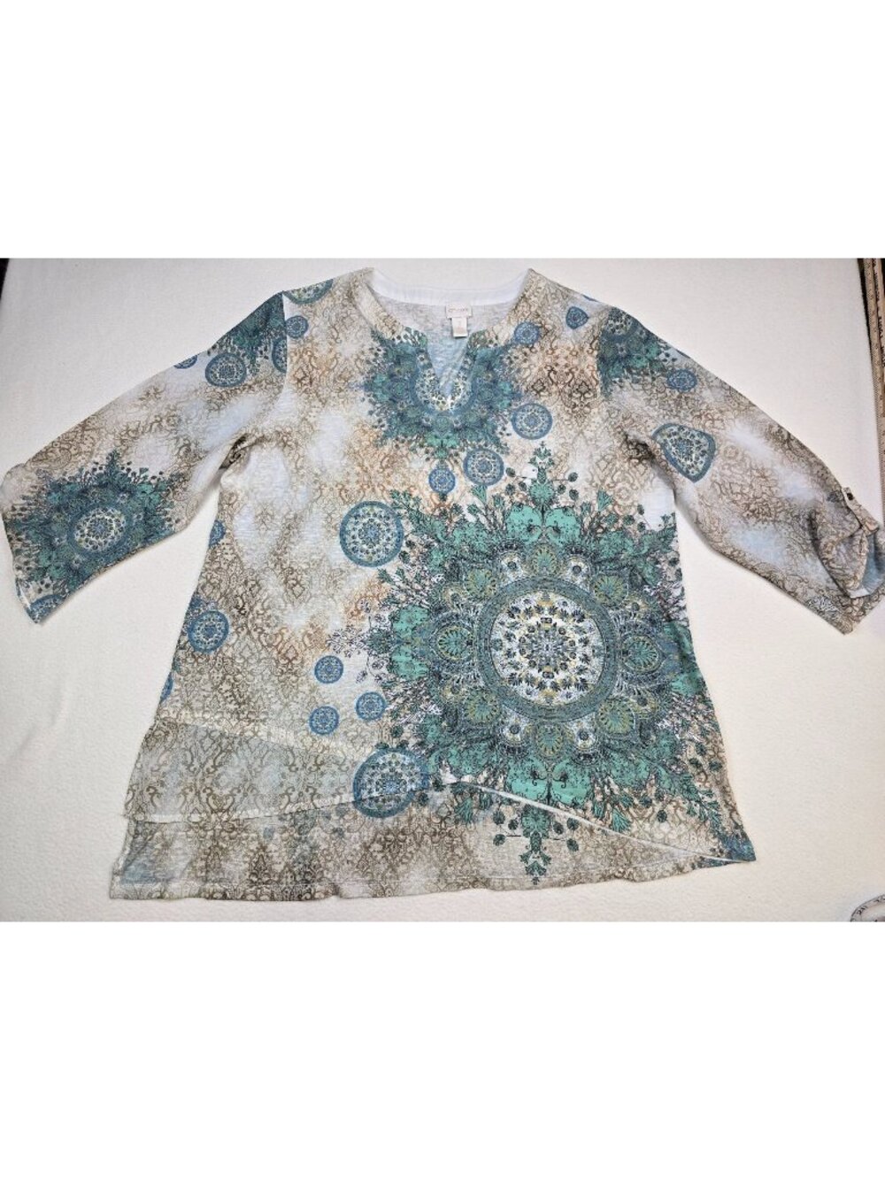 Chicos XL Tunic Top Size 3 Multicolor Mandala Print 3/4 Sleeves